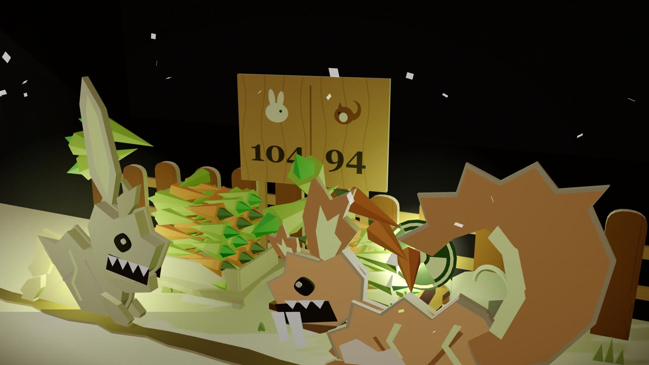 Two mutated paper monsters facing off at the carrot crates under the scoreboard